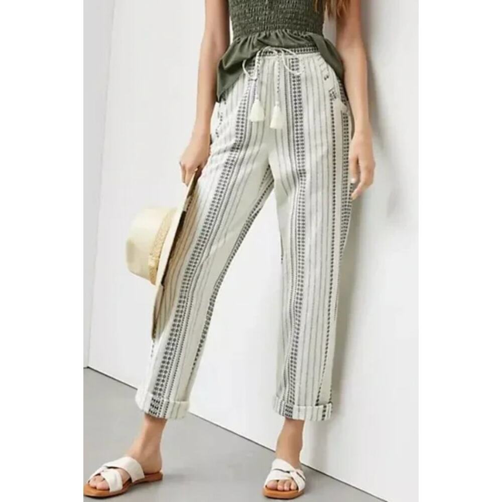 Anthropologie Beach Trousers White Embroidered Striped Pants Size Small